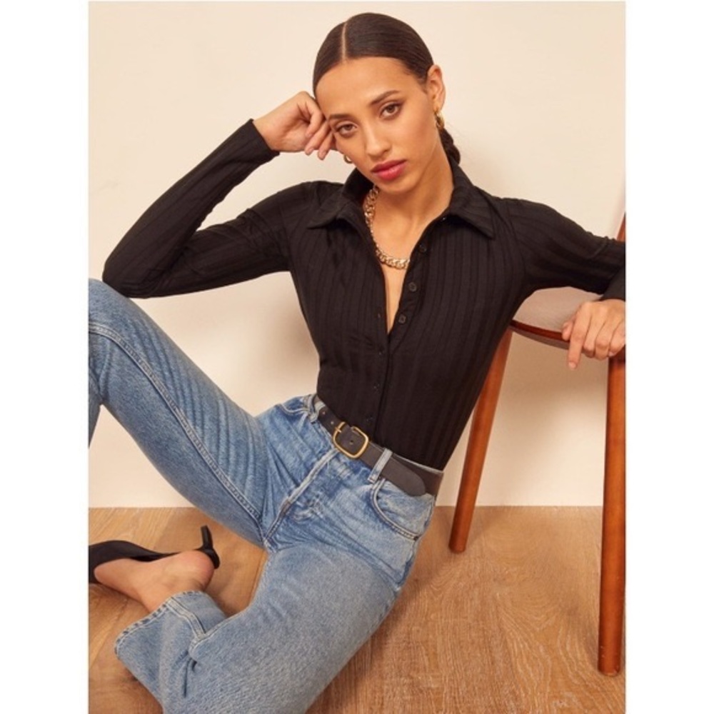 Reformation Black Ribbed Button-Down Shirt